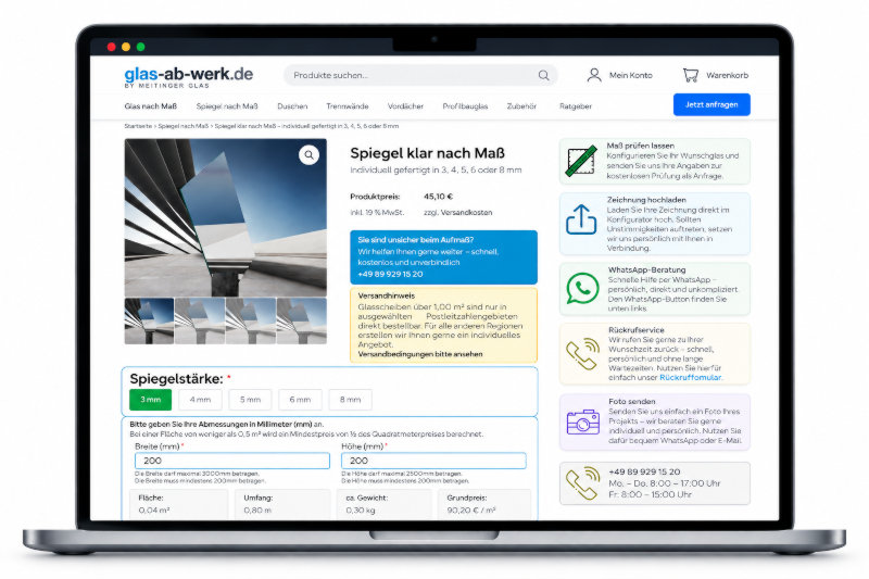 Glas-ab-Werk – individuell entwickelter Produktkonfigurator für Spiegel nach Maß
